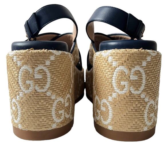 New Gucci Authentic Raffia Nappa GG Monogram Platform 703791 Sz 39 Rubber Soles - Picture 4 of 15